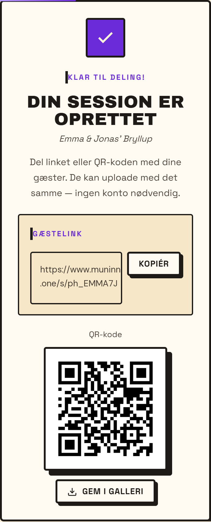 Mockup: Sessionens QR-kode klar til at dele med gæsterne